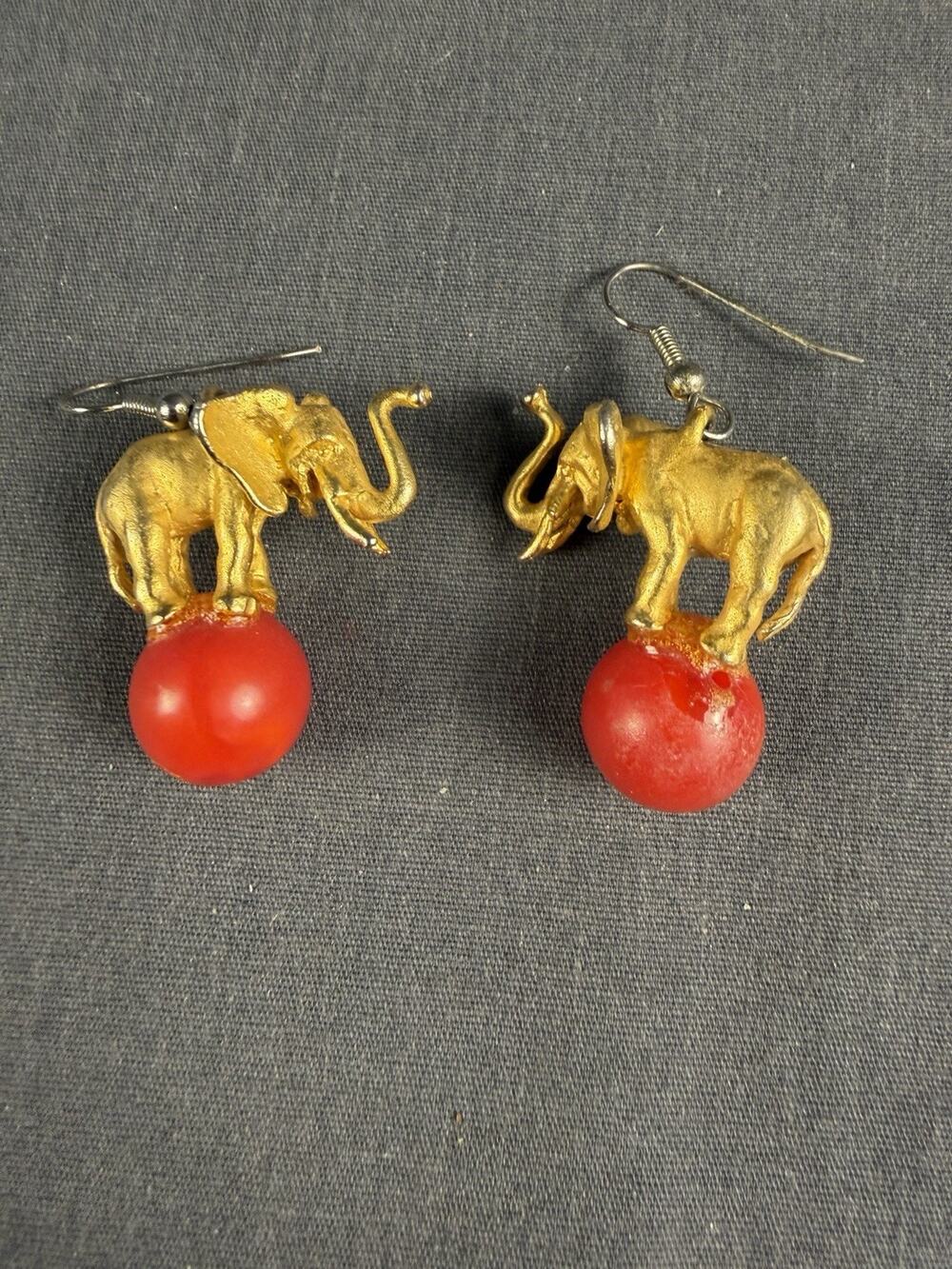 Gold Tone Elephant Earrings Dancing Ball